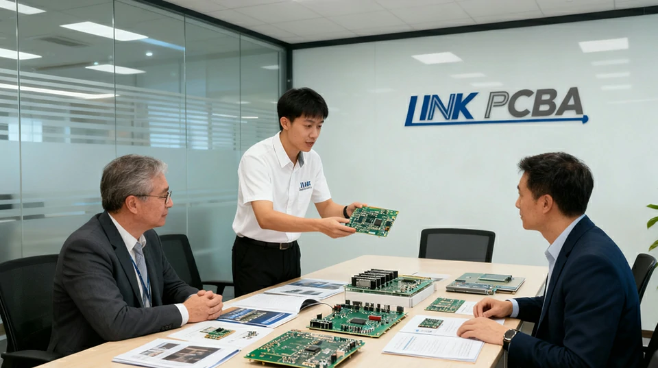 Engineering team presenting PCB solutions to international clients during a technical review meeting at LinkPCBA.