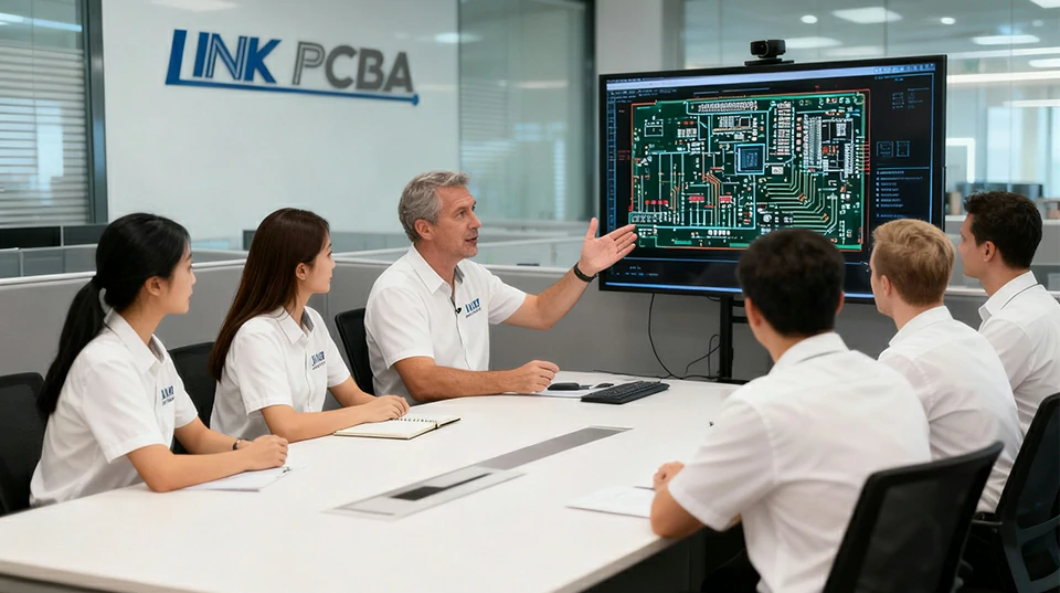 Engineering team collaborating on PCB design and technical planning during an internal meeting at LinkPCBA.