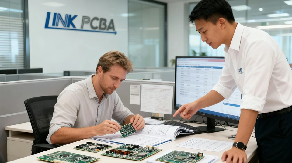 Engineering team reviewing PCB designs and discussing technical solutions at LinkPCBA