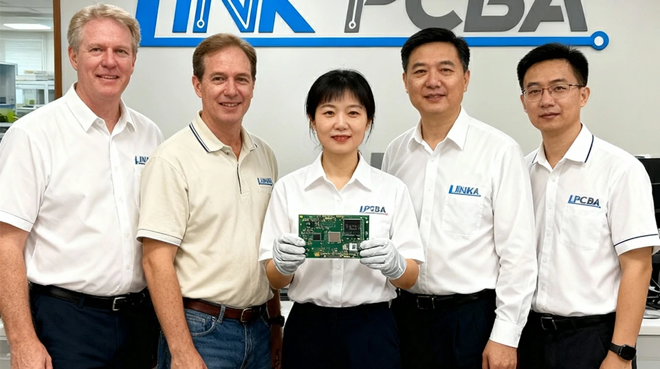LinkPCBA founder and core leadership team presenting a completed PCB assembly