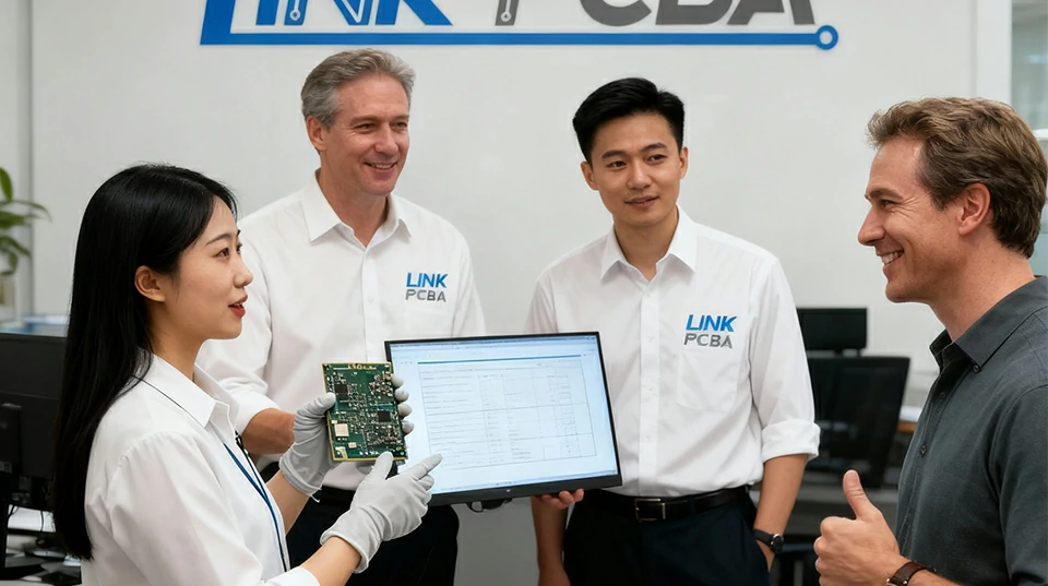 LinkPCBA engineering team presenting PCB solutions to an international client, showcasing future collaboration and technical innovation