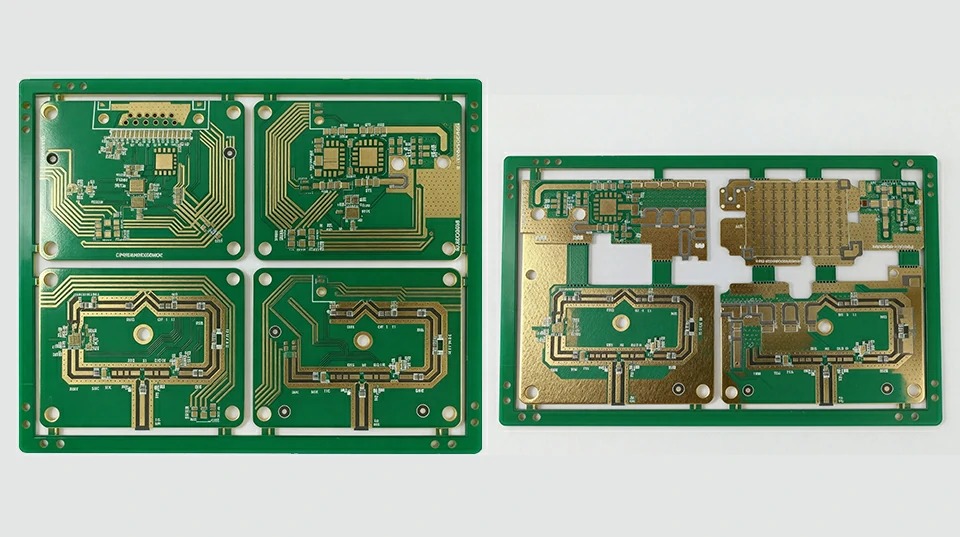 High-frequency RF PCB case study featuring two ENIG-finished multilayer circuit boards designed for 5G and microwave applications.