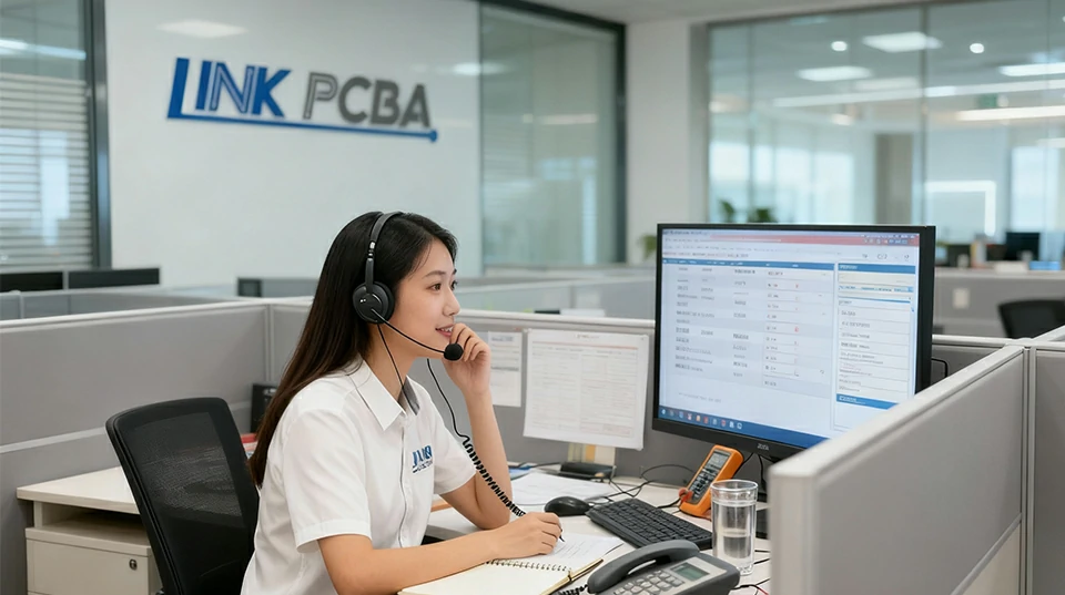 Customer service specialist working in a collaborative, open-office environment at LinkPCBA.