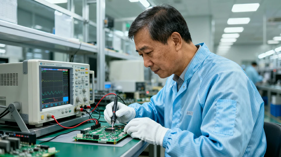 Engineer conducting PCBA electrical testing and signal validation using professional lab instruments