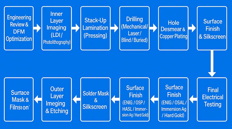 Universal PCB manufacturing process flowchart showing 12 key steps including engineering review, material selection, LDI imaging, lamination, drilling, copper plating, imaging, solder mask, surface finish and final electrical testing by LinkPCBA.