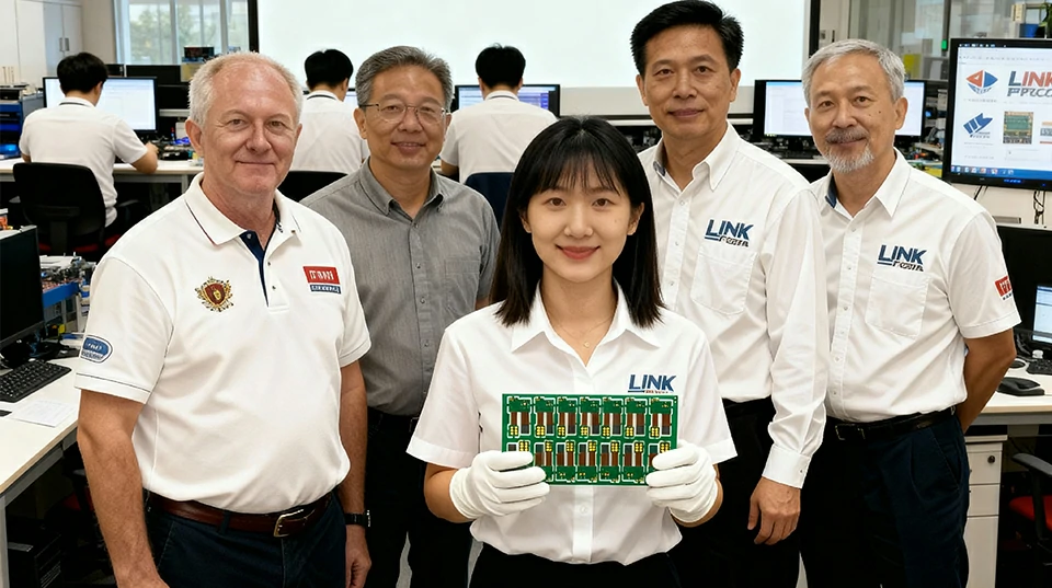 LinkPCBA engineering team presenting a finished PCB sample in the production lab