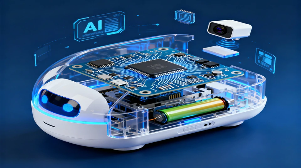 Transparent AI device showing PCB structure, thermal layout, and components
