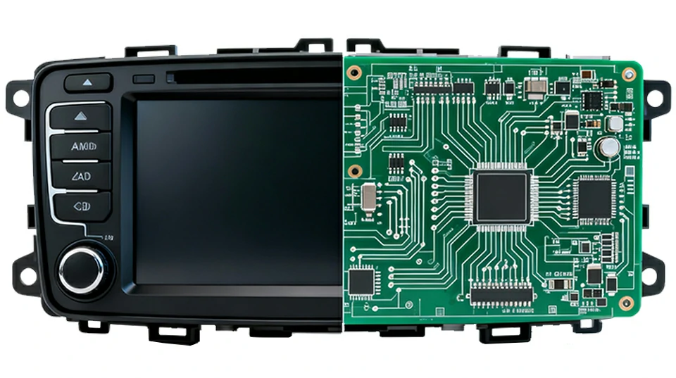 Automotive dashboard unit revealing internal PCB layout and circuitry