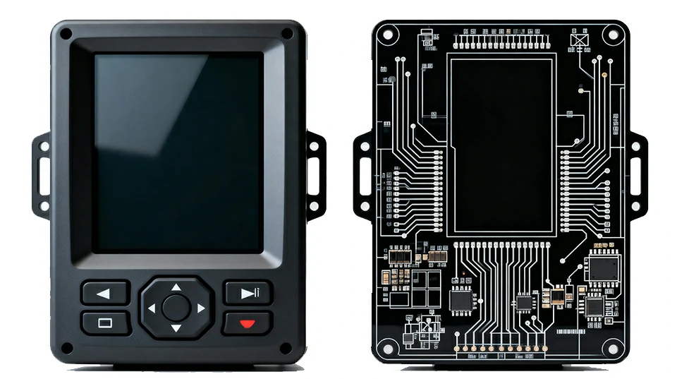 Industrial display unit with exposed black PCB highlighting complex circuitry