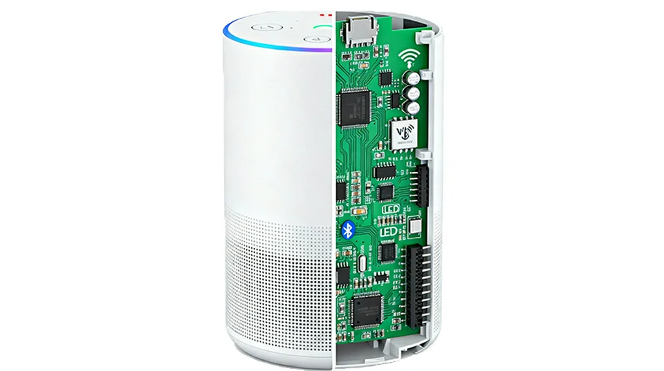 Smart speaker with exposed IoT PCB featuring Wi-Fi and Bluetooth modules