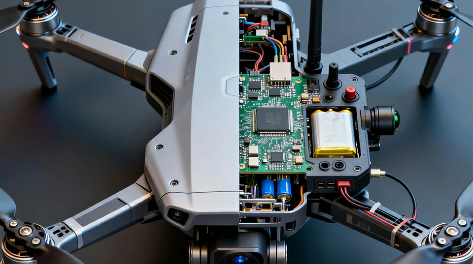 Compact drone IoT system with exposed PCB showing wireless and control electronics