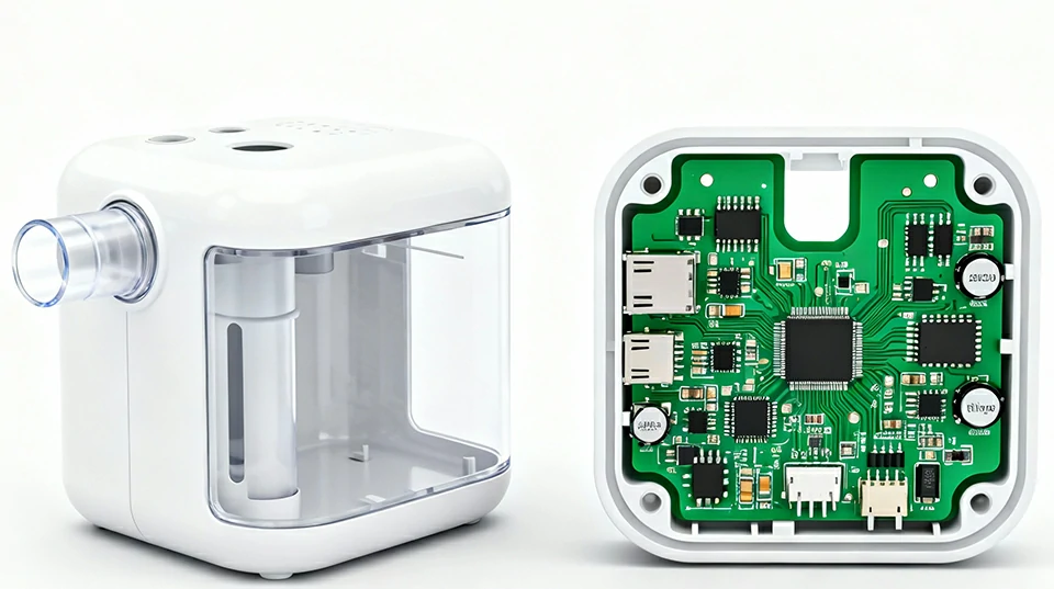 Compact medical device with internal PCB illustrating compliance and quality assurance
