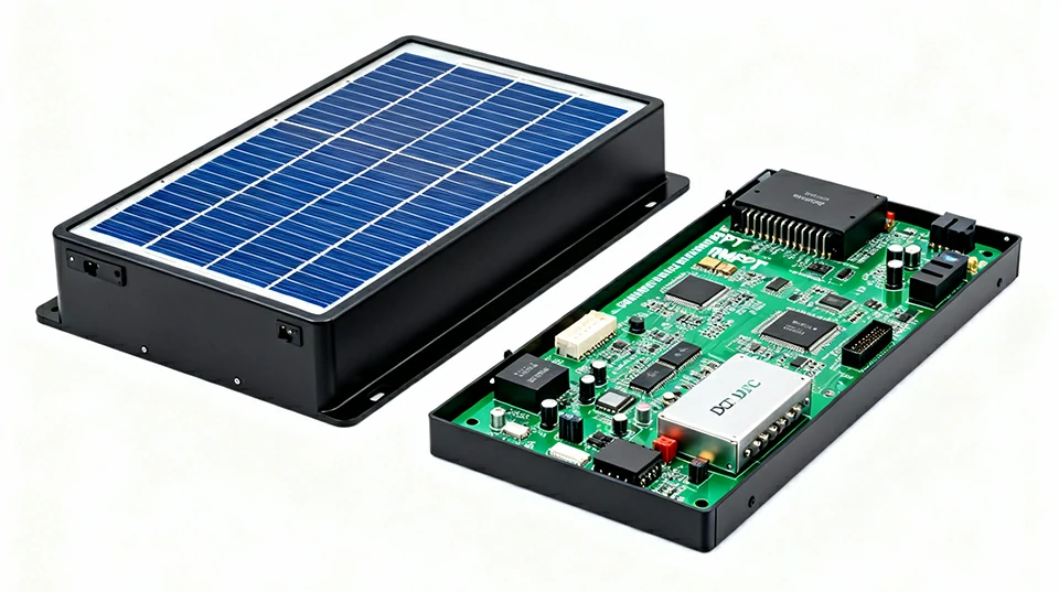 Solar energy module with exposed MPPT power control PCB showing high-power system design