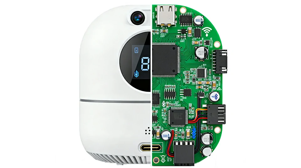 Split-view security electronics device showing external housing and internal PCB