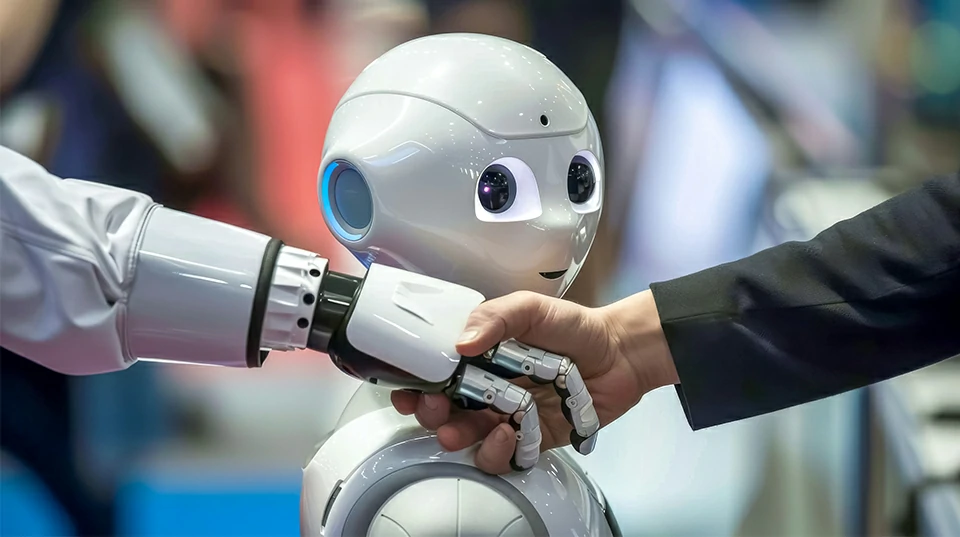 AI robot interacting with human representing artificial intelligence and edge computing hardware applications