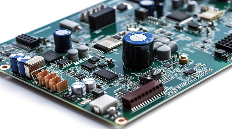 automotive electronics PCBA board isolated on white background for control and embedded systems