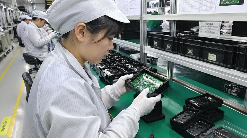 Operator assembling and inspecting electronic device enclosure during box build assembly process on production line