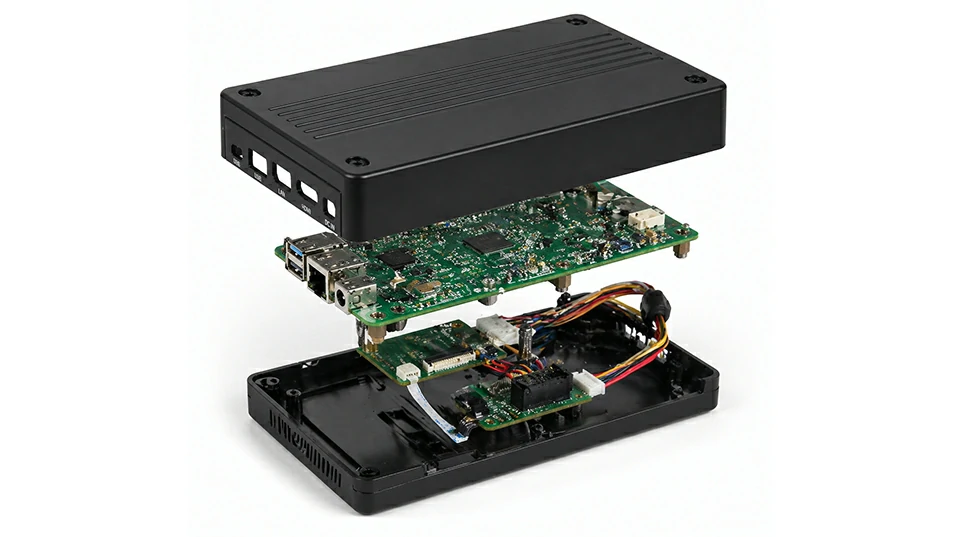 Exploded view of electronic device showing PCBA, wiring harness, and enclosure structure in box build assembly process