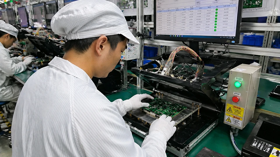 Operator performing functional testing (FCT) on assembled PCBA using test fixture in box build production line