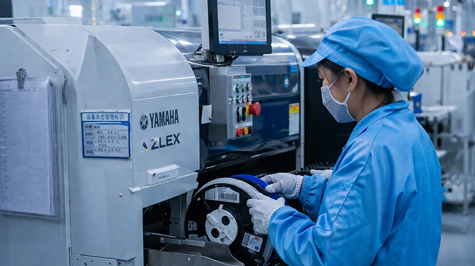 Electronics manufacturing operator monitoring SMT machine and component feeding process