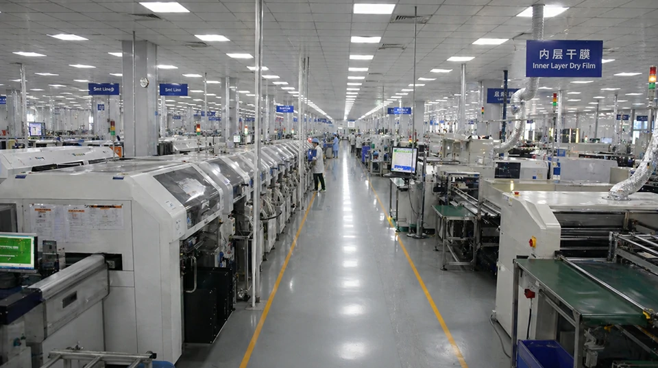 Modern electronics manufacturing production line with automated equipment for PCB and PCBA assembly