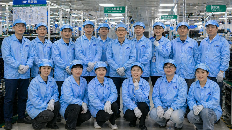 Professional electronics manufacturing team in production workshop environment
