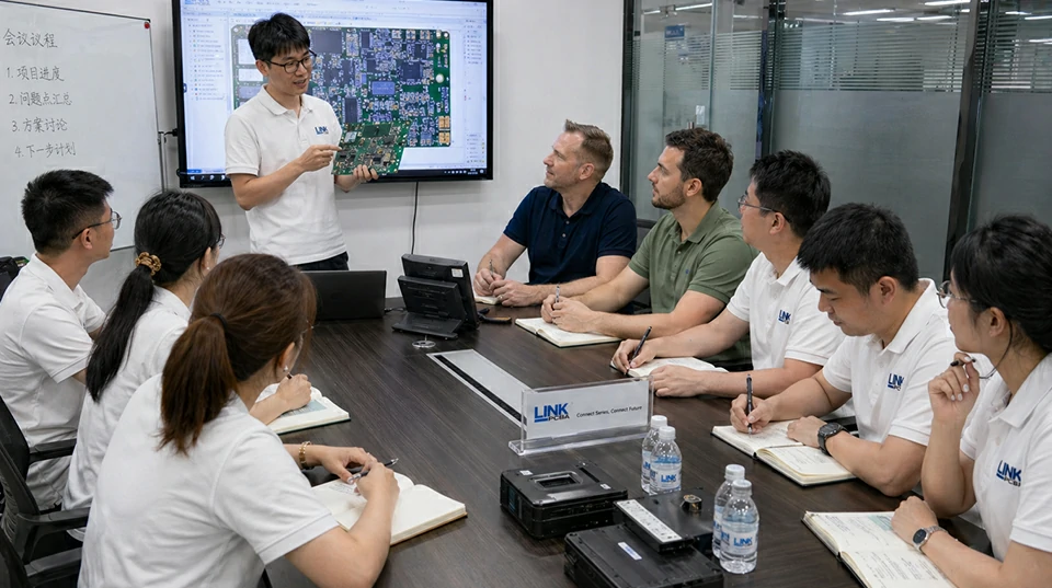 Engineering team discussing PCB design and PCBA project in technical meeting