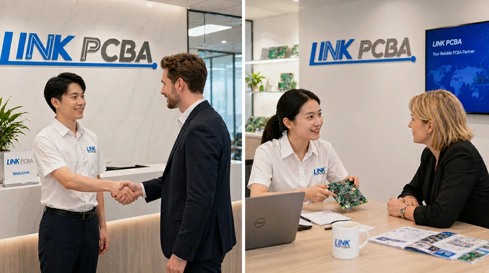 LinkPCBA team welcoming international client at reception and discussing PCBA project collaboration