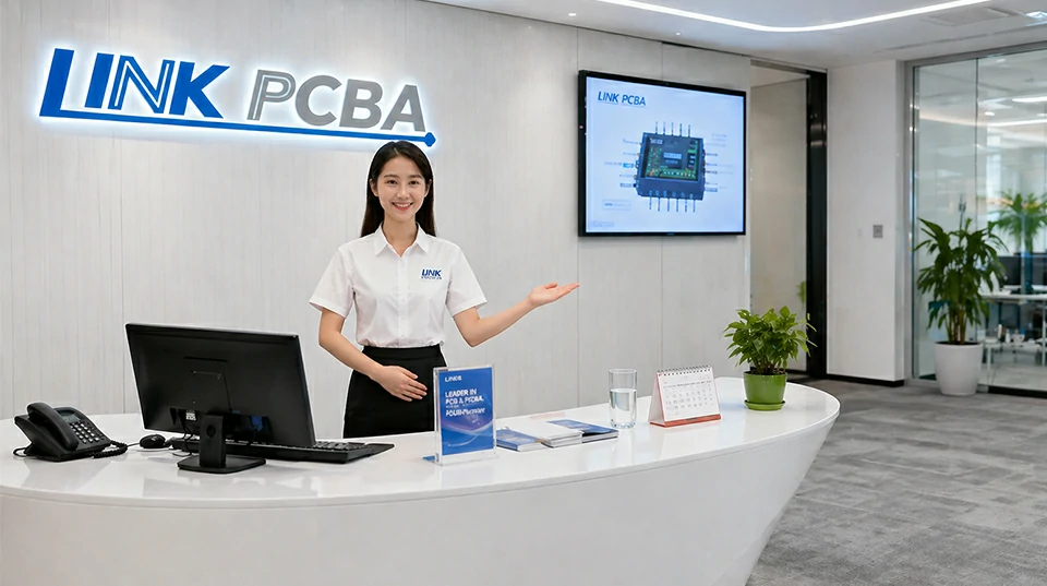 LinkPCBA reception area with professional staff welcoming visitors in modern office environment