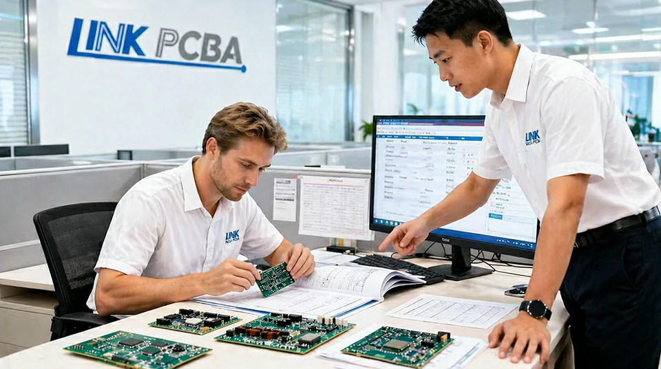 LinkPCBA engineering team discussing PCB design and product development in technical meeting