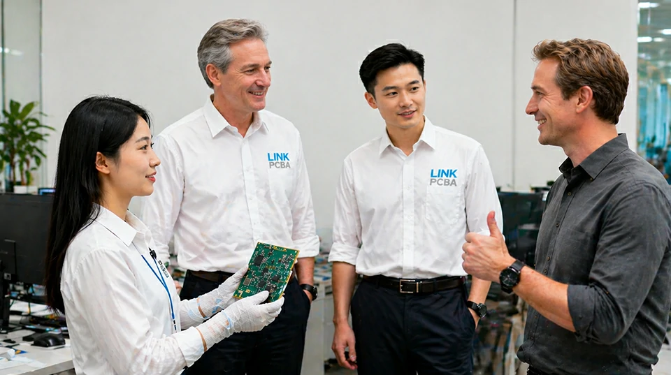 LinkPCBA team presenting PCB solution to international clients with positive feedback