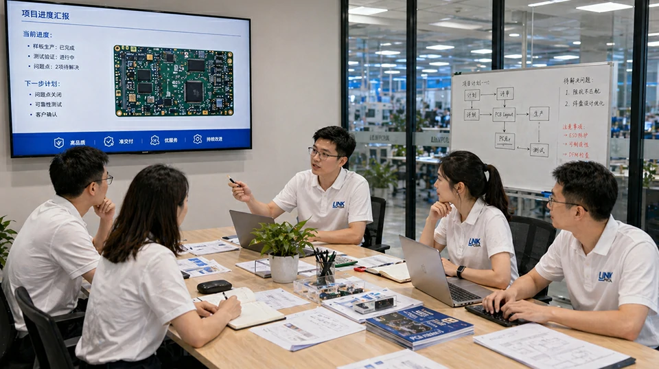 LinkPCBA engineers collaborating in a meeting room discussing PCBA project progress and technical solutions