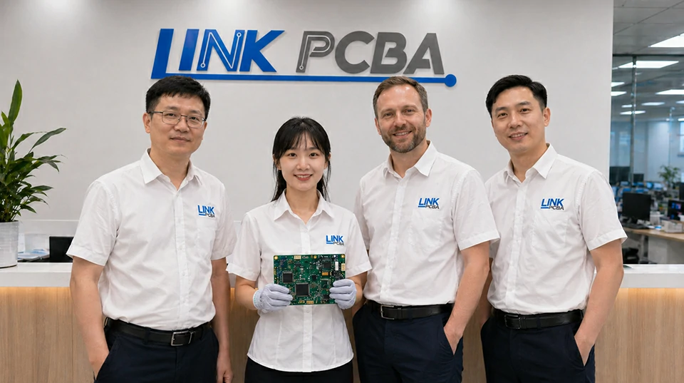 LinkPCBA professional engineering team holding a PCBA board in a modern electronics manufacturing environment