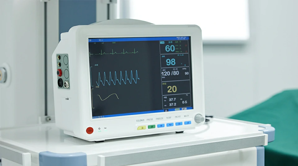 Patient monitoring device displaying vital signs including heart rate and ECG waveform