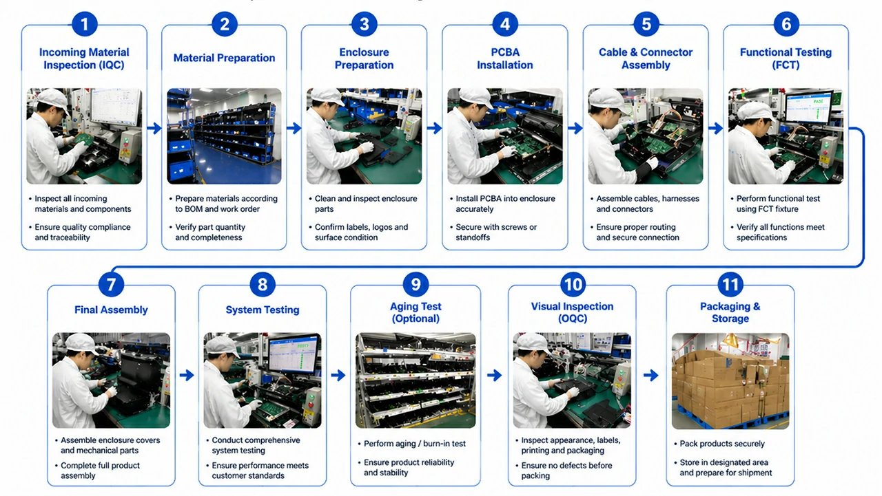 PCBA box build assembly process flow showing 11 steps from incoming material inspection to final packaging in electronic manufacturing