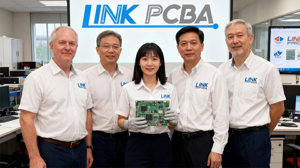 Professional PCBA engineering team holding circuit board in lab environment