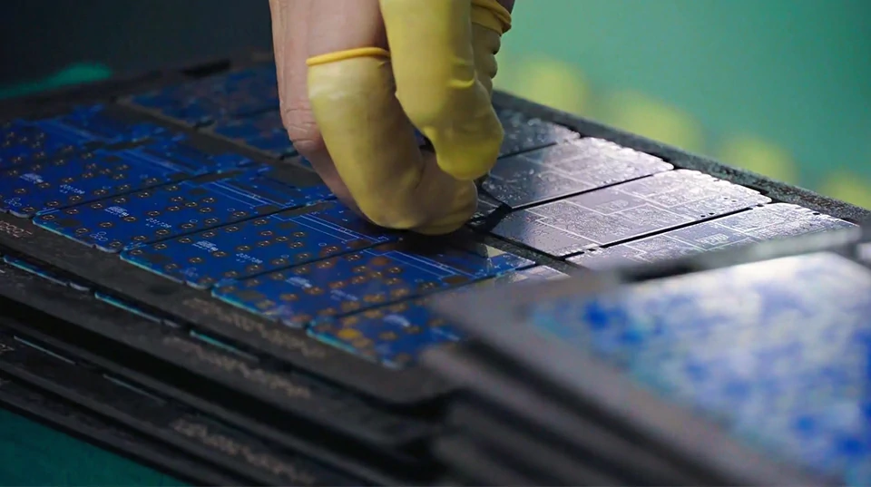 Close-up of PCBA manufacturing process with operator handling circuit boards in SMT production line