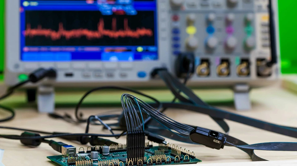 Oscilloscope testing of electronic signals in security monitoring systems highlighting signal integrity challenges