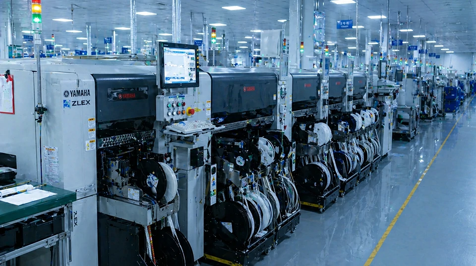 SMT assembly machines placing electronic components on PCB in automated production line