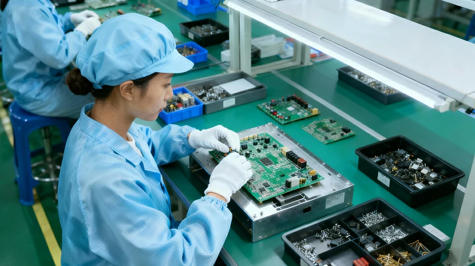 Operator assembling PCBA products on electronics manufacturing production line