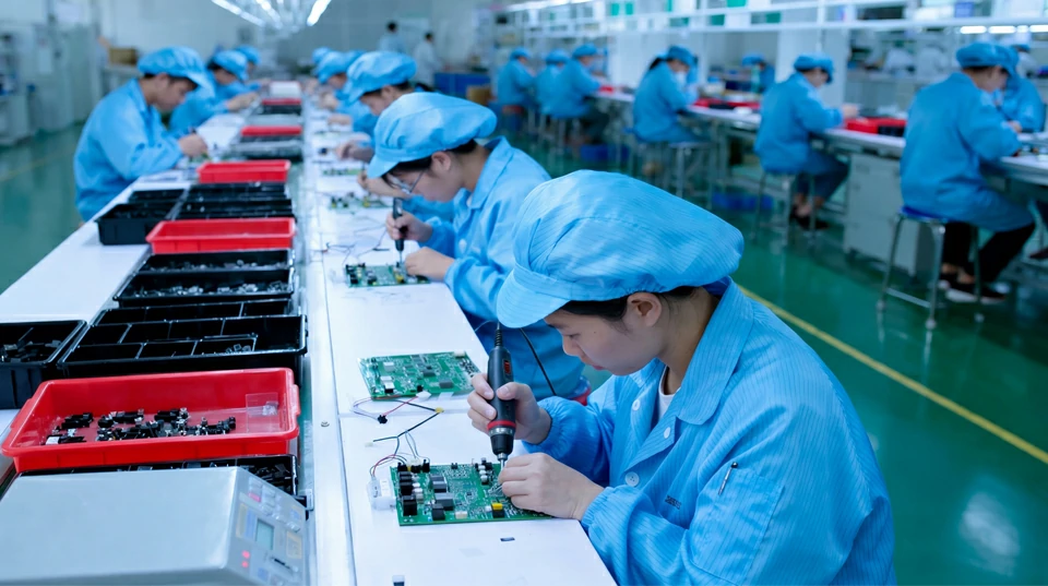 PCBA manufacturing production floor with skilled operators ensuring stable and efficient electronics assembly