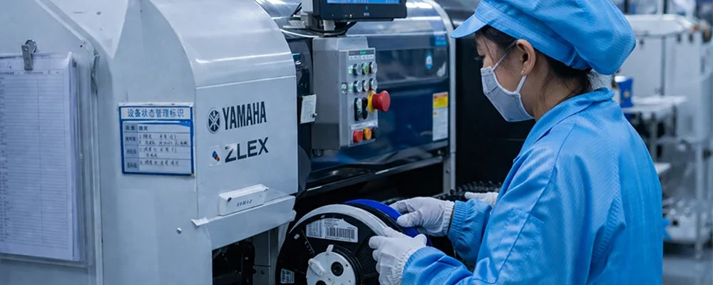 SMT production operator working on Yamaha assembly line for stable PCBA manufacturing and quality-controlled EMS production